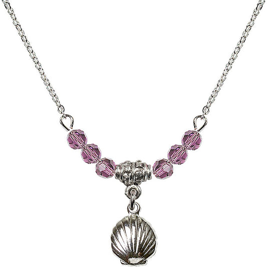 Sterling Silver Shell Birthstone Necklace with Light Amethyst Beads - 1260