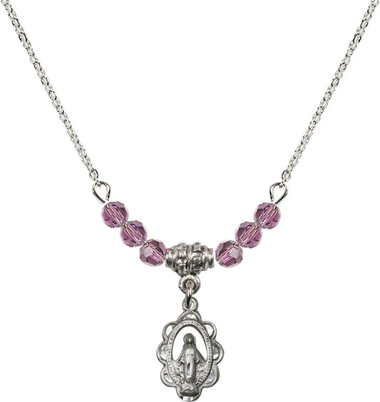 Sterling Silver Miraculous Birthstone Necklace with Light Amethyst Beads - 1610