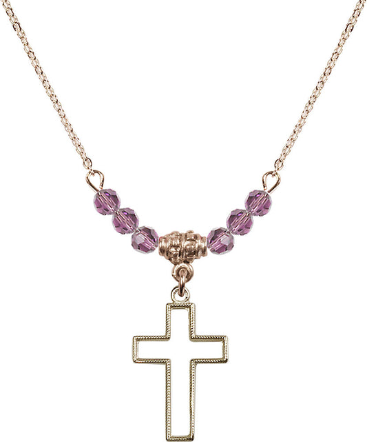 14kt Gold Filled Cross Birthstone Necklace with Light Amethyst Beads - 1708