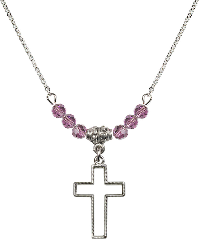 Sterling Silver Cross Birthstone Necklace with Light Amethyst Beads - 1708