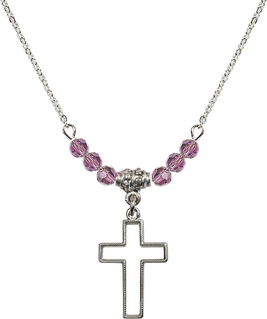 Sterling Silver Cross Birthstone Necklace with Light Amethyst Beads - 1708