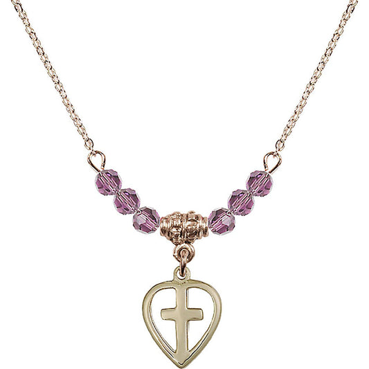 14kt Gold Filled Heart / Cross Birthstone Necklace with Light Amethyst Beads - 1709