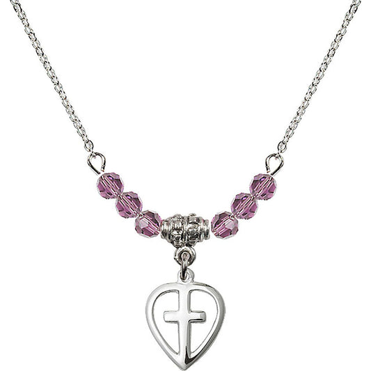 Sterling Silver Heart / Cross Birthstone Necklace with Light Amethyst Beads - 1709