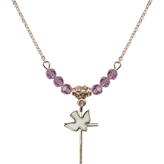 14kt Gold Filled Cross / Holy Spirit Birthstone Necklace with Light Amethyst Beads - 1812