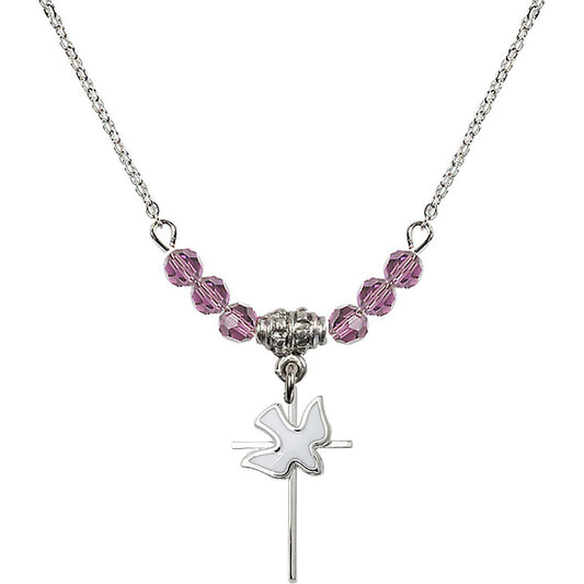 Sterling Silver Cross / Holy Spirit Birthstone Necklace with Light Amethyst Beads - 1812