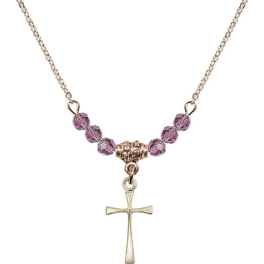 14kt Gold Filled Maltese Cross Birthstone Necklace with Light Amethyst Beads - 1872