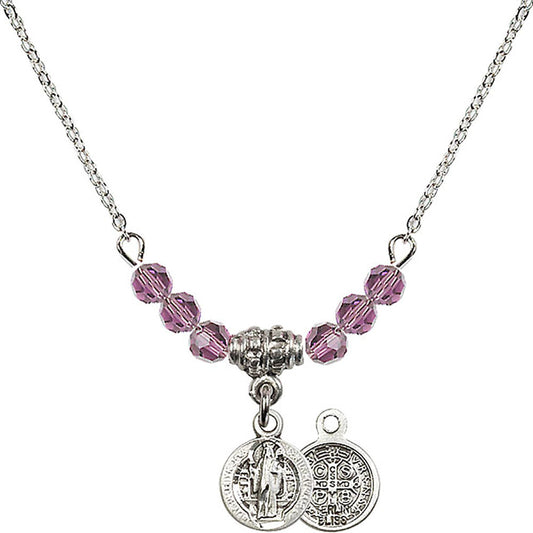 Sterling Silver Saint Benedict Birthstone Necklace with Light Amethyst Beads - 2341
