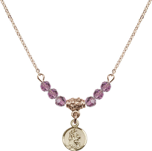 14kt Gold Filled Saint Christopher Birthstone Necklace with Light Amethyst Beads - 2343