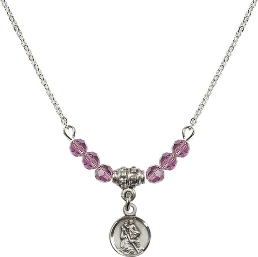 Sterling Silver Saint Christopher Birthstone Necklace with Light Amethyst Beads - 2343