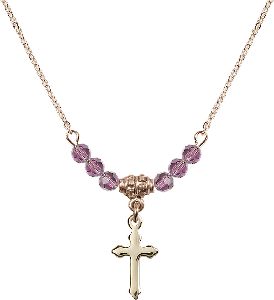 14kt Gold Filled Cross Birthstone Necklace with Light Amethyst Beads - 2528