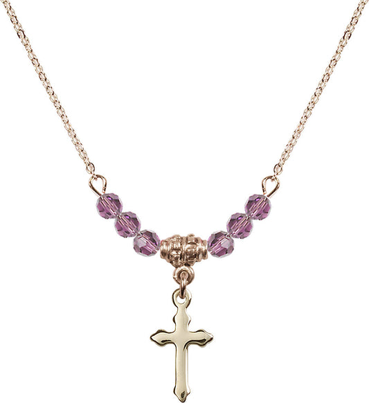 14kt Gold Filled Cross Birthstone Necklace with Light Amethyst Beads - 2528