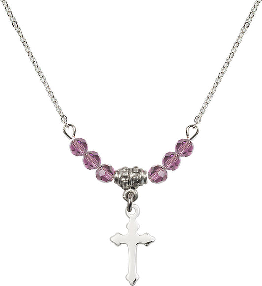 Sterling Silver Cross Birthstone Necklace with Light Amethyst Beads - 2528