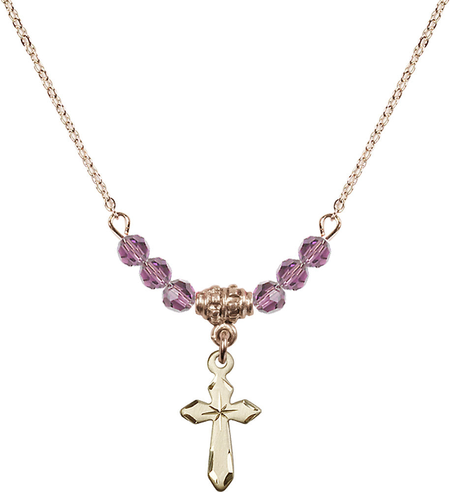 14kt Gold Filled Cross Birthstone Necklace with Light Amethyst Beads - 2529