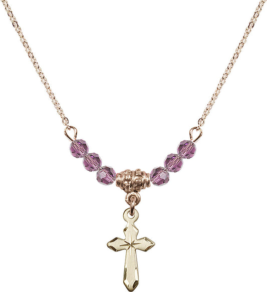 14kt Gold Filled Cross Birthstone Necklace with Light Amethyst Beads - 2529