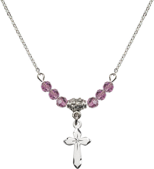 Sterling Silver Cross Birthstone Necklace with Light Amethyst Beads - 2529