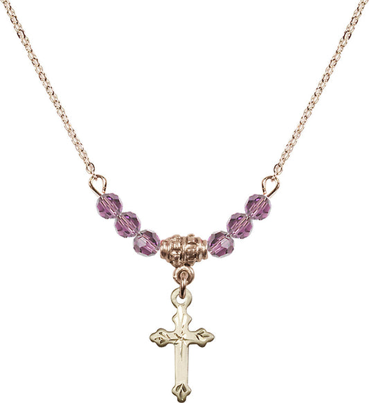 14kt Gold Filled Cross Birthstone Necklace with Light Amethyst Beads - 2531