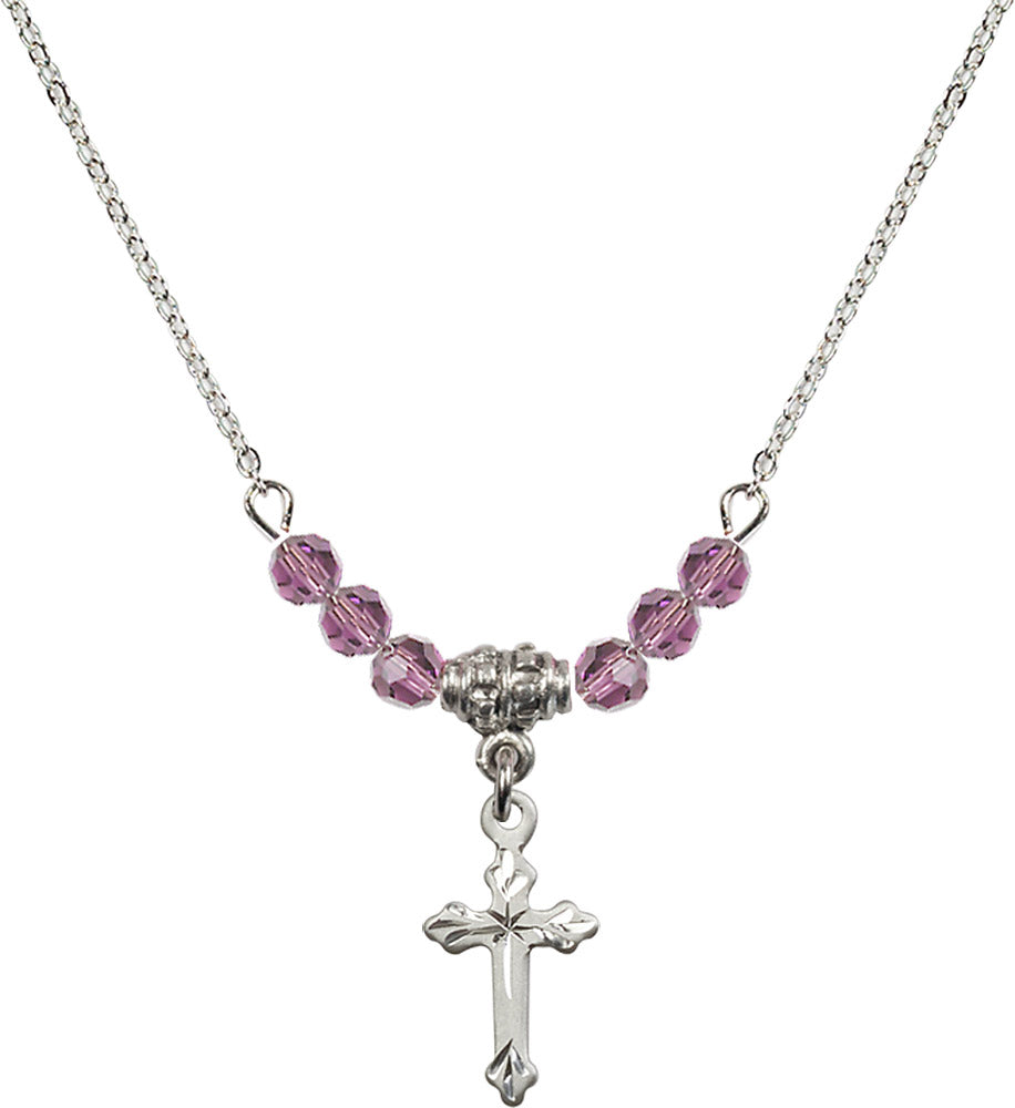 Sterling Silver Cross Birthstone Necklace with Light Amethyst Beads - 2531