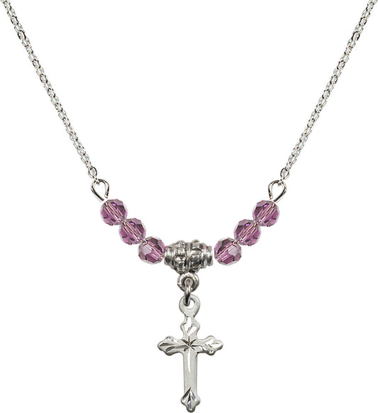 Sterling Silver Cross Birthstone Necklace with Light Amethyst Beads - 2531