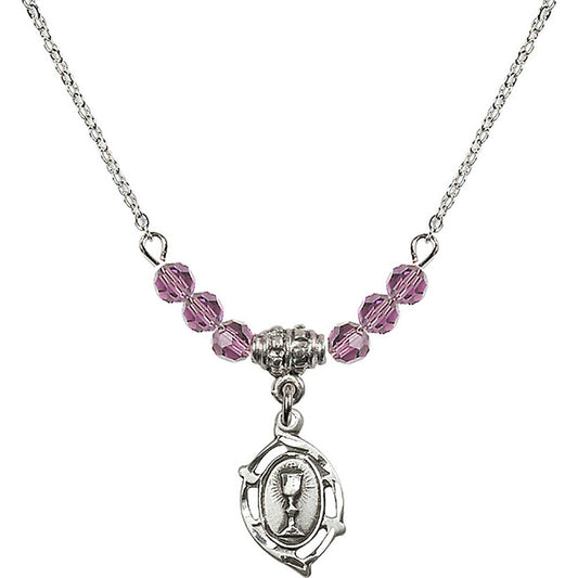 Sterling Silver Communion Birthstone Necklace with Light Amethyst Beads - 3019