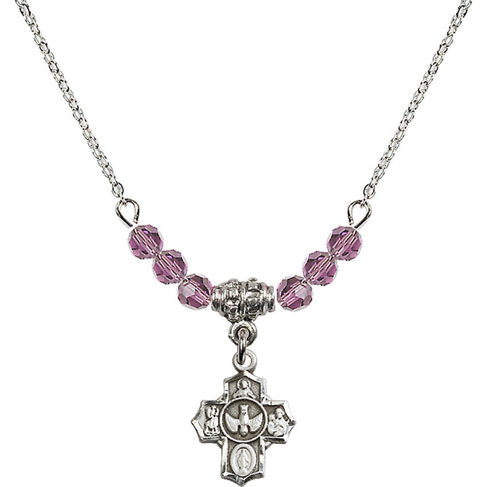 Sterling Silver 5-Way Birthstone Necklace with Light Amethyst Beads - 3190
