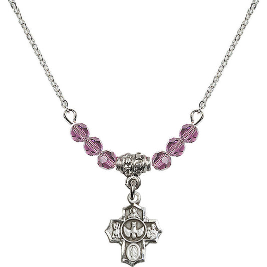 Sterling Silver 5-Way Birthstone Necklace with Light Amethyst Beads - 3190