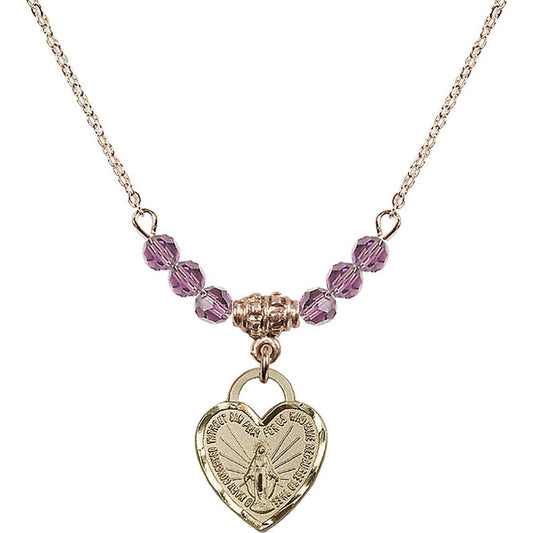 14kt Gold Filled Miraculous Heart Birthstone Necklace with Light Amethyst Beads - 3401