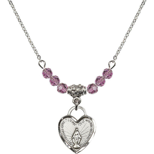 Sterling Silver Miraculous Heart Birthstone Necklace with Light Amethyst Beads - 3401