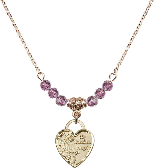 14kt Gold Filled Guardian Angel Heart Birthstone Necklace with Light Amethyst Beads - 3402