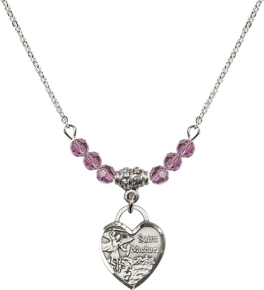 Sterling Silver Saint Michael Heart Birthstone Necklace with Light Amethyst Beads - 3403
