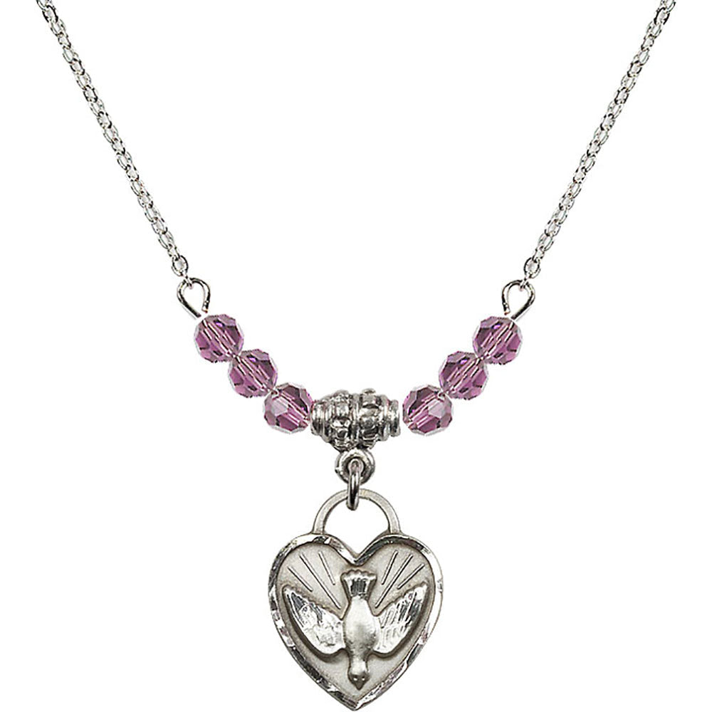Sterling Silver Confirmation Heart Birthstone Necklace with Light Amethyst Beads - 3405