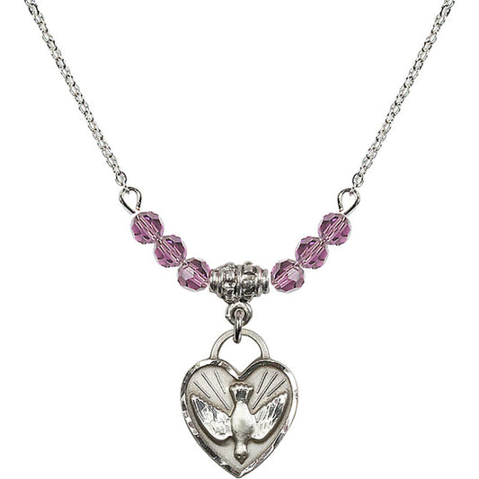 Sterling Silver Confirmation Heart Birthstone Necklace with Light Amethyst Beads - 3405