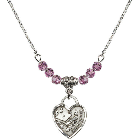 Sterling Silver Graduation Heart Birthstone Necklace with Light Amethyst Beads - 3406