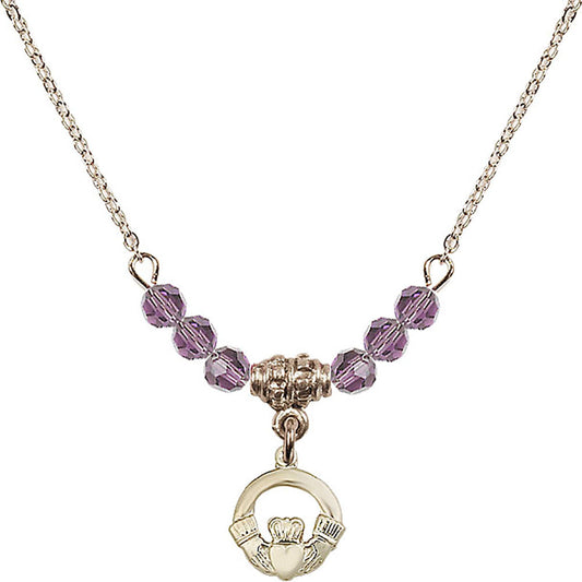14kt Gold Filled Claddagh Birthstone Necklace with Light Amethyst Beads - 4113