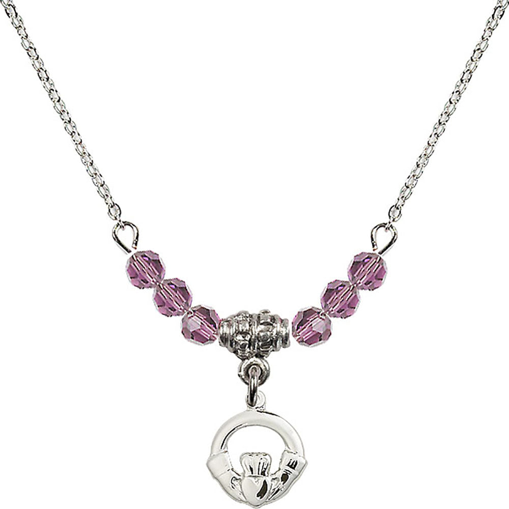 Sterling Silver Claddagh Birthstone Necklace with Light Amethyst Beads - 4113