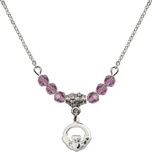 Sterling Silver Claddagh Birthstone Necklace with Light Amethyst Beads - 4113