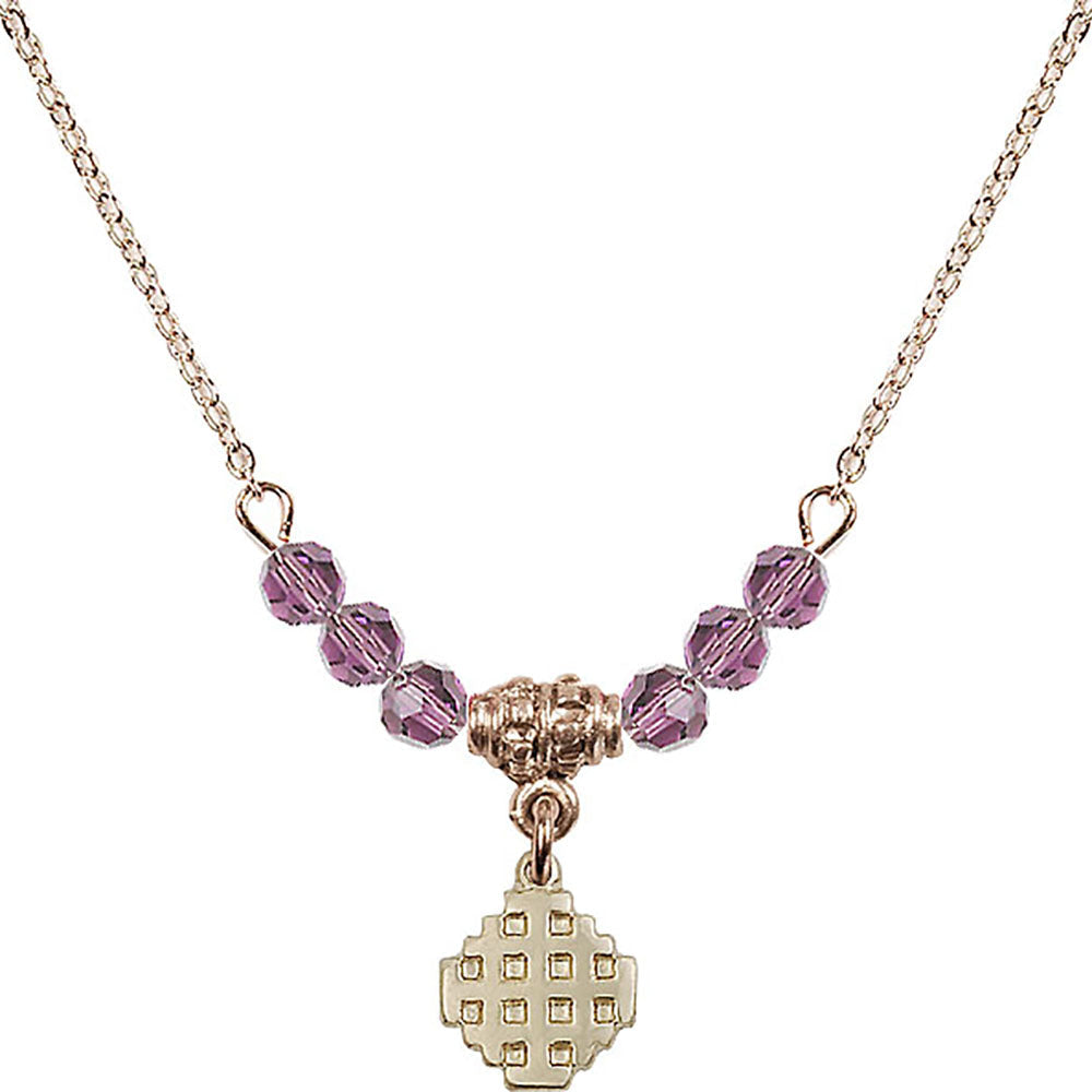 14kt Gold Filled Jerusalem Cross Birthstone Necklace with Light Amethyst Beads - 4118