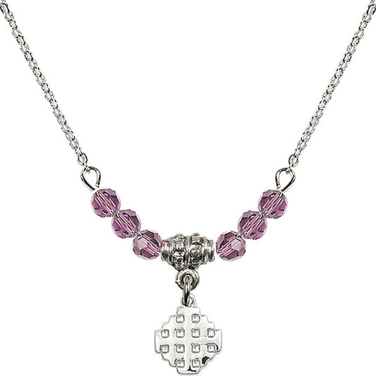 Sterling Silver Jerusalem Cross Birthstone Necklace with Light Amethyst Beads - 4118