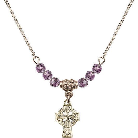 14kt Gold Filled Celtic Cross Birthstone Necklace with Light Amethyst Beads - 4133