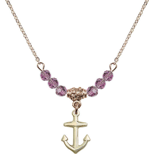 14kt Gold Filled Anchor Birthstone Necklace with Light Amethyst Beads - 4158