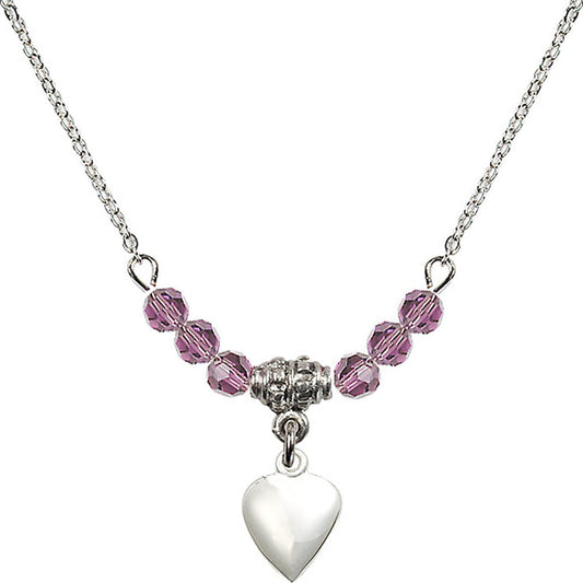Sterling Silver Heart Birthstone Necklace with Light Amethyst Beads - 4158