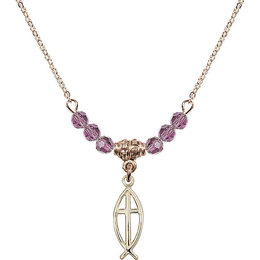 14kt Gold Filled Fish / Cross Birthstone Necklace with Light Amethyst Beads - 4251