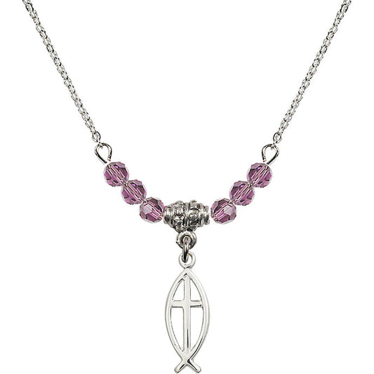 Sterling Silver Fish / Cross Birthstone Necklace with Light Amethyst Beads - 4251