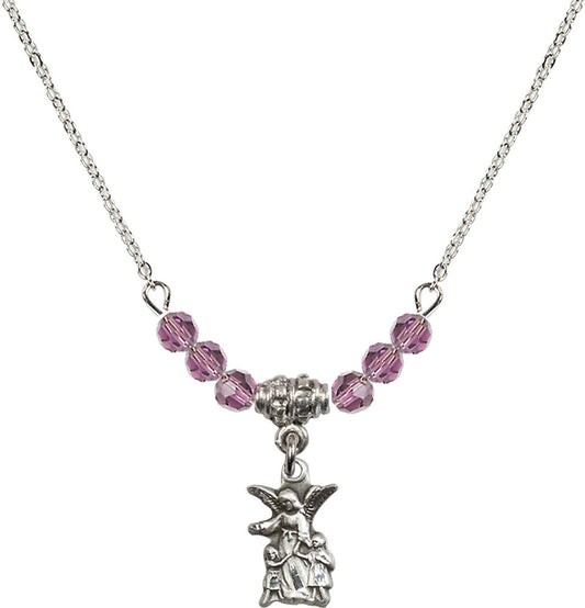 Sterling Silver Guardian Angel Birthstone Necklace with Light Amethyst Beads - 4253