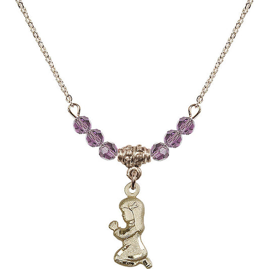 14kt Gold Filled Praying Girl Birthstone Necklace with Light Amethyst Beads - 4262