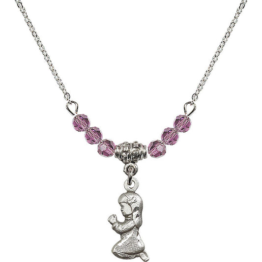 Sterling Silver Praying Girl Birthstone Necklace with Light Amethyst Beads - 4262