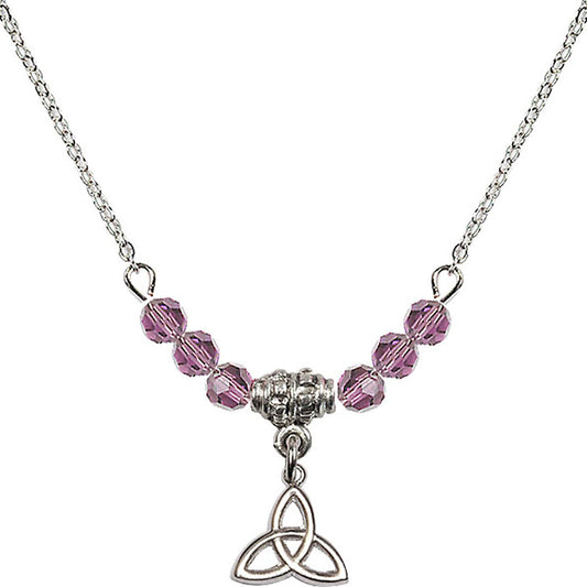 Sterling Silver Trinity Irish Knot Birthstone Necklace with Light Amethyst Beads - 5100