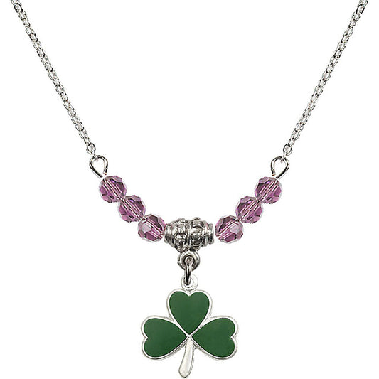 Sterling Silver Shamrock Birthstone Necklace with Light Amethyst Beads - 5243