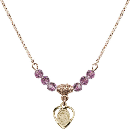 14kt Gold Filled Saint Christopher Birthstone Necklace with Light Amethyst Beads - 5403