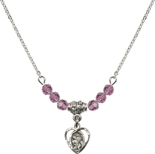 Sterling Silver Saint Christopher Birthstone Necklace with Light Amethyst Beads - 5403
