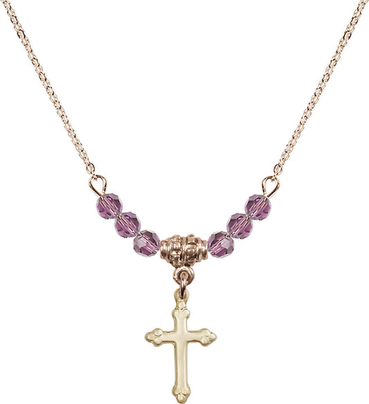14kt Gold Filled Cross Birthstone Necklace with Light Amethyst Beads - 5415